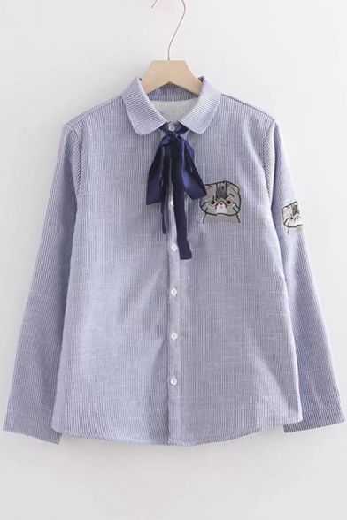 Cat Embroidered Striped Lapel Bow Front Long Sleeve Buttons Down Shirt