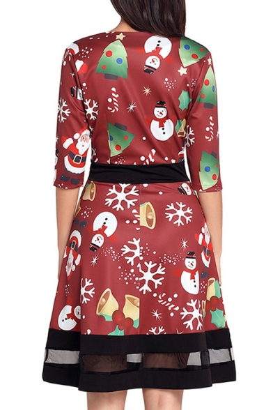 Chic Christmas Elements Print Patchwork Hem Half Sleeve A-line Mini Dress
