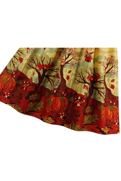 Elegant Bow V Neck Short Sleeves Belted Autumn Leaves Wind Pattern Striped Flared Midi Dress