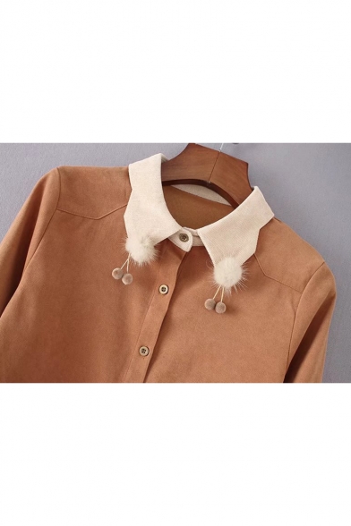 Elegant Point Collar Pompom Embellished Button Down Long Sleeves Shirt