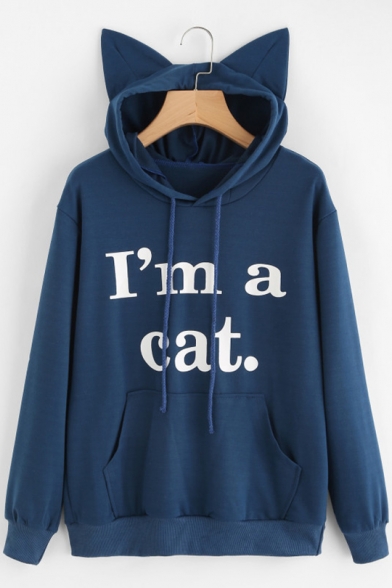 Fashionable Letter Printed Cat Ears Hoodie with Pockets & Drawstring