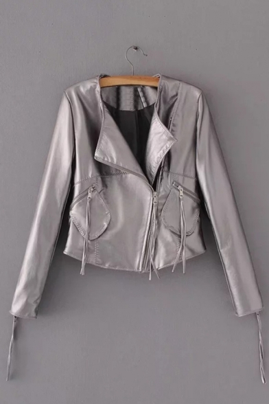 Fashionable Long Sleeve Zipper Collarless Plain Biker Jacket