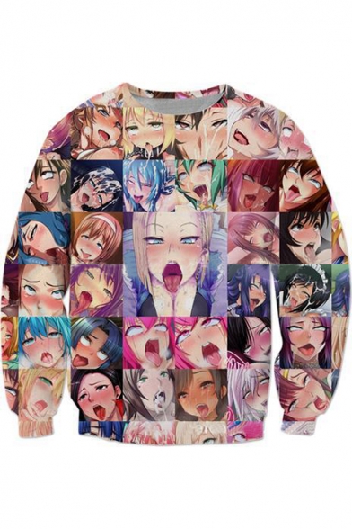 Japanese Style Ahegao Anime Pattern Long Sleeves Round Neck Pullover Sweatshirt