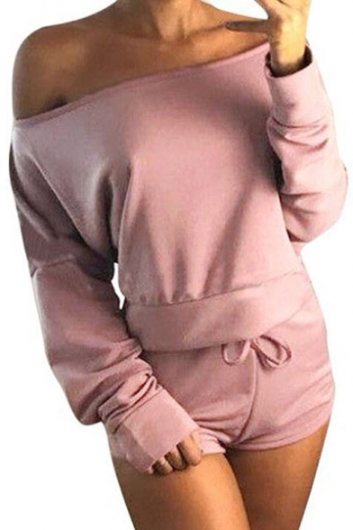 Leisure Plain One Shoulder Long Sleeves Tee with Drawstring Waist Hot Pants Co-ords