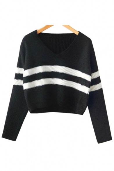 Leisure Striped V-Neck Long Sleeves Double-Knitted Cropped Loose Pullover Sweater