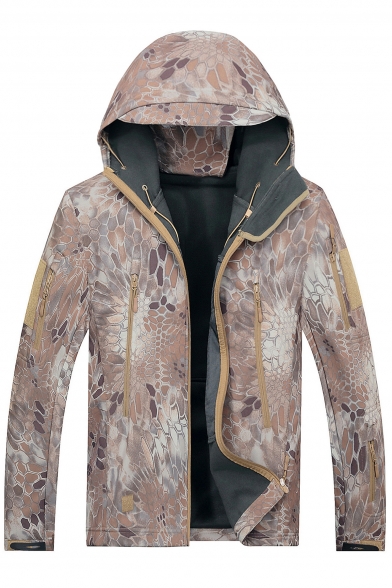 Outdoor Camouflage Long Sleeve Zipper Placket Hooded Coat with Pockets