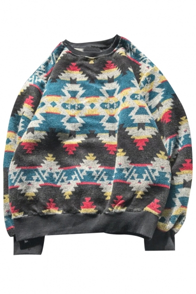 Retro Color Block Tribal Print Long Sleeve Round Neck Pullover Sweatshirt