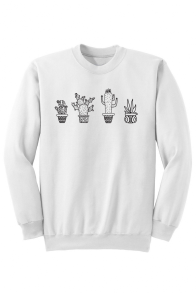 Simple Cactus Plants Printed Round Neck Long Sleeves Pullover Sweatshirt