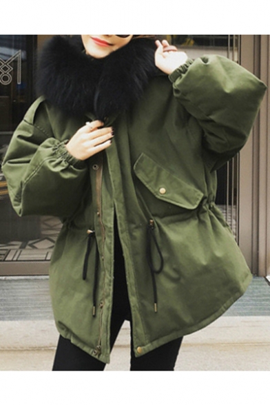 Simple Plain Faux Fur Hem Hooded Long Sleeve Zip Up Coat