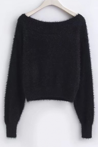 Sleeve Neck Plain Boat Long Simple Sweater Pullover ...