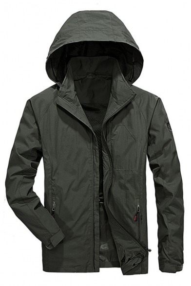 Simple Plain Long Sleeve Zipper Hooded Windproof Jacket