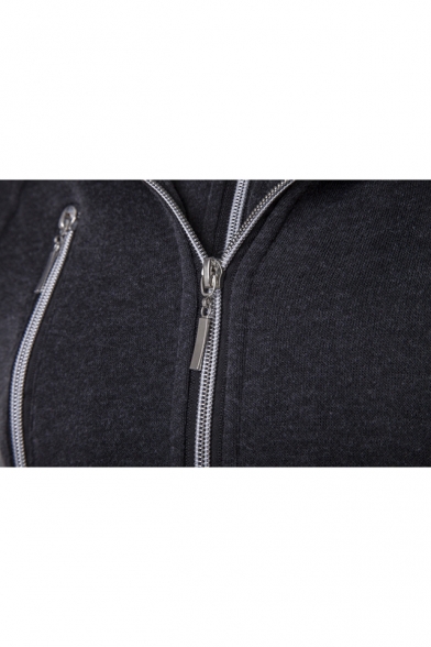 Simple Zipper Detail Color Block Long Sleeves Casual Hoodie with Pockets