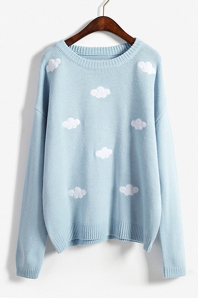 Stylish Cloud Print Long Sleeve Round Neck Pullover Sweater