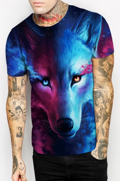 Trendy Color Block 3D Wolf Printed Short Sleeves Casual Summer Tee