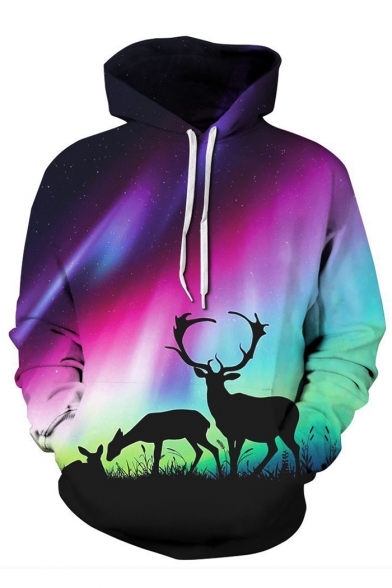 Trendy Deer Aurora Galaxy Ombre Pattern Long Sleeves Pullover Hoodie with Pocket