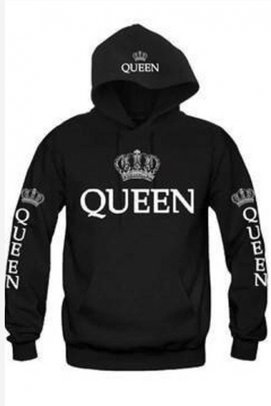 Unisex QUEEN Letter Crown Printed Long Sleeves Pullover Hoodie with Pocket