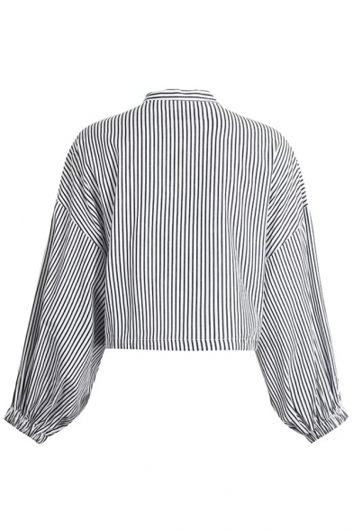 Women's Sexy Striped Tie Front Hollow Out Long Sleeve Cropped Blouse