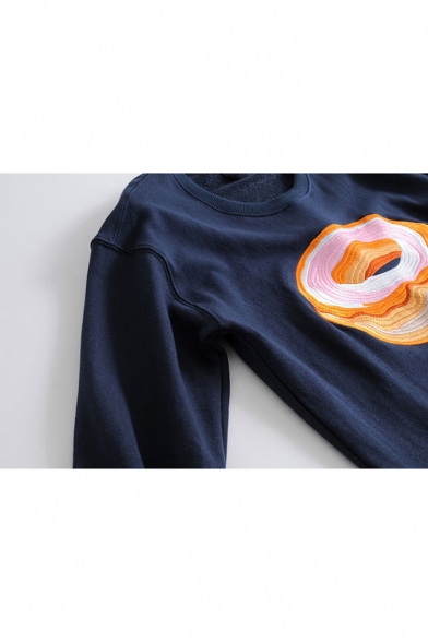 Causal Embroidery Doughnut Pattern Round Neck Long Sleeve Pullover Sweatshirt