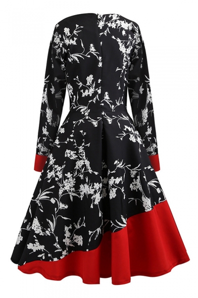 Chic Color Block Floral Round Neck Long Sleeve Fit & Flare Midi Dress