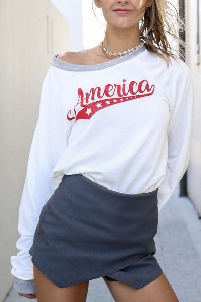 Chic Letter Print Round Neck Long Sleeve Tee