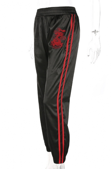 Chinese Style Dragon Embroidery Striped Side Elastic Waist & Ankle Loose Leg Joggers Pants