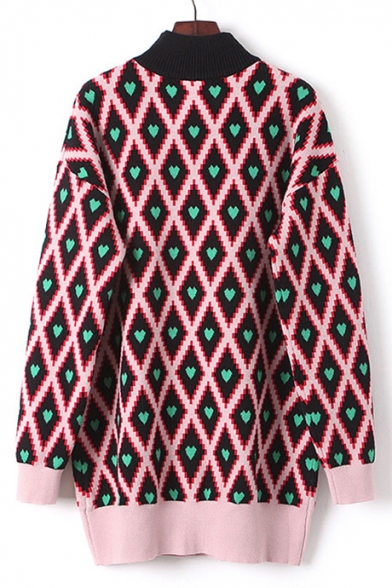 Color Block Heart Diamond Plaid High Neck Long Sleeve Tunic Sweater