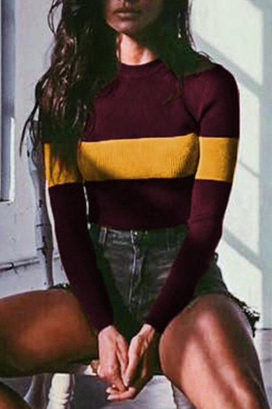 Color Block Round Neck Long Sleeve Pullover Sweater
