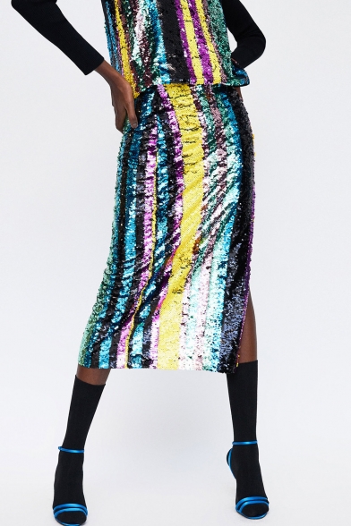 Color Block Sequined Split Side Pencil Midi Skirt