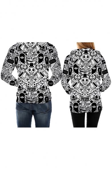 Cool Allover Skull Pirate Pattern Long Sleeves Pullover Hoodie with Pocket
