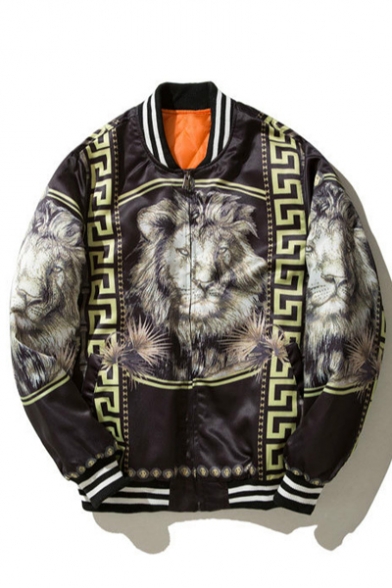 Cool Lion Geometric Pattern Striped Trimmed Long Sleeves Zippered Bomber Jacket