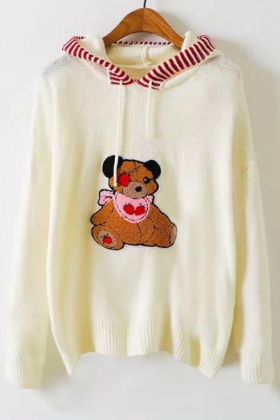 Cute Bear Fluffy Embroidery Long Sleeves Ribbed Hem Striped Hooded Pullover Sweater