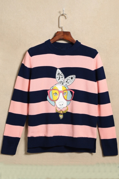 Cute Cartoon Dog Striped Print Round Neck Long Sleeve Pullover Sweater