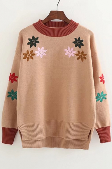 Dip Hem Floral Embroidered Long Sleeve Contrast Neck Pullover Sweater