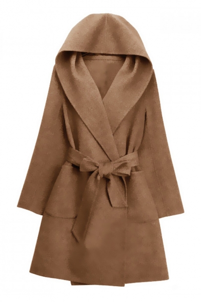 Elegant Warped Front Bow Belted Long Wide Sleeves Hooded Longline Coat with Pockets