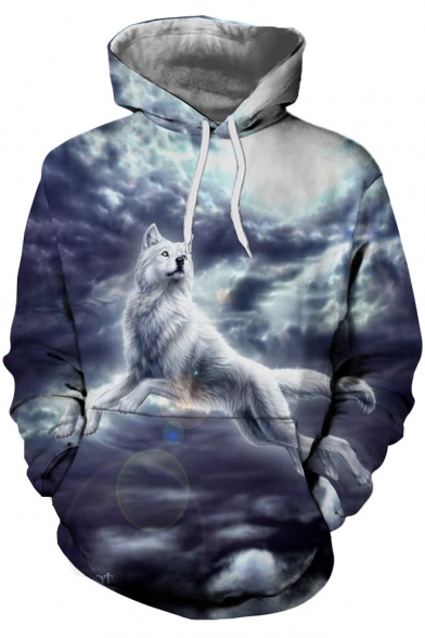 Fancy Wolf Cloudy Sky Printed Long Sleeves Pullover Hoodie with Pocket