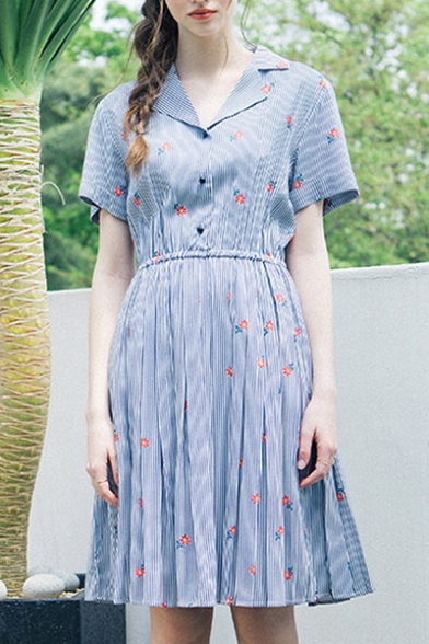 Fashion Floral Striped Print Short Sleeve Button Gathered Waist Shirt Dress