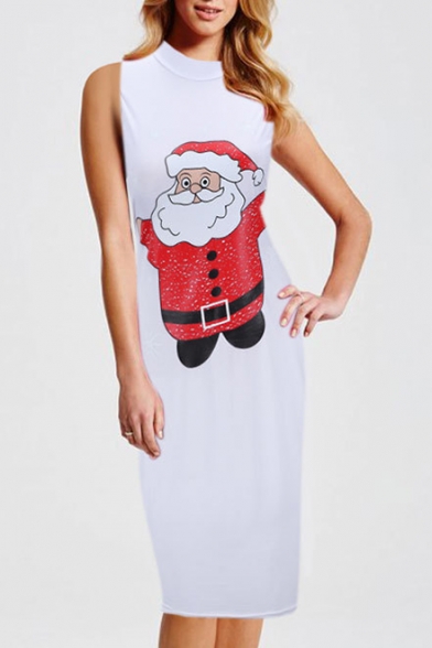 Hot Fashion Santa Claus Print Mock Neck Midi Tank Pencil Dress