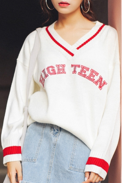 Letter Embroidered Long Sleeve V-Neck Pullover Sweater