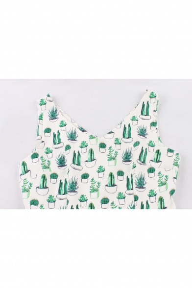 New Fashion Cactus Plant Print V-Neck Sleeveless Fit & Flare Mini Dress