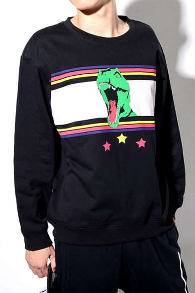 New Fashion Color Block Dinosaur Print Round Neck Long Sleeve Pullover Sweatshirt