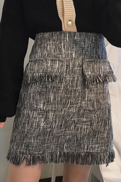 New Trendy Flap Pocket Tassel Embellished Mini Skirt