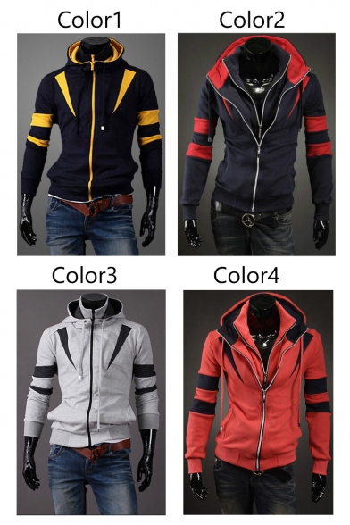 Pop Color Block Long Sleeves Drawstring Hooded Zippered Coat with Pockets