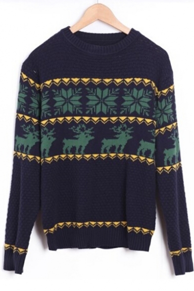 Popular Deer Snowflake Geometric Pattern Diamond Honeycomb Knitted Pullover Sweater