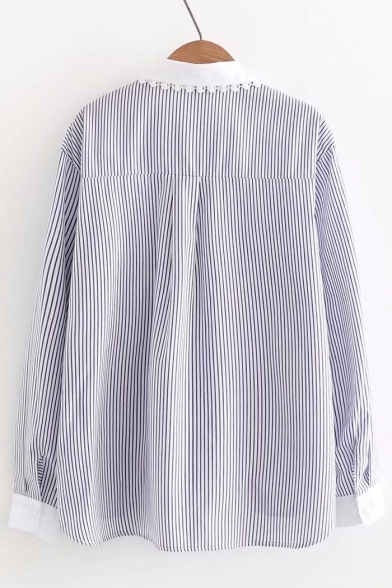 Popular Striped Pattern Lace Insert Button Down Point Collar Shirt