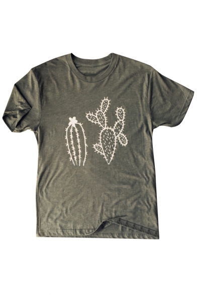 Simple Cactus Printed Round Neck Short Sleeves Casual Tee