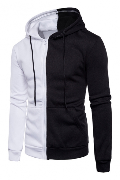 Simple Color Block Monochrome Long Sleeves Zippered Leisure Hoodie with Pockets