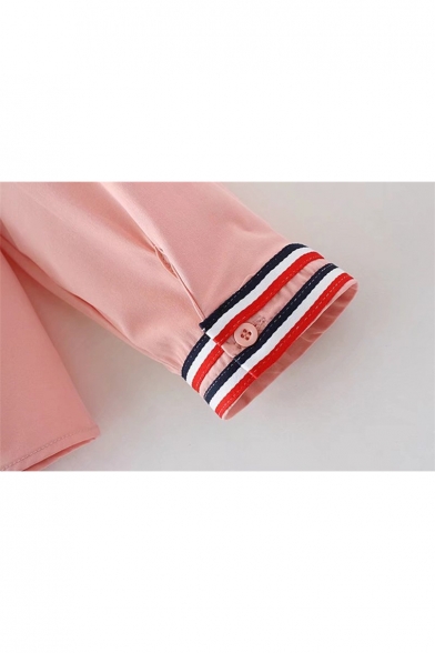 Stylish Lapel Button Embroidery Pattern Long Sleeve Striped Cuffs Shirt