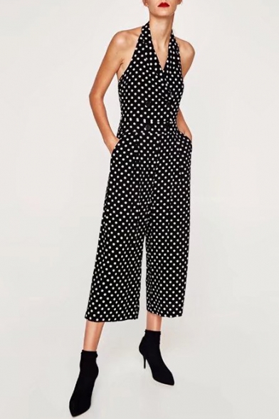 Trendy Halter Polka Dot Wrapped Front Button Detail Jumpsuit