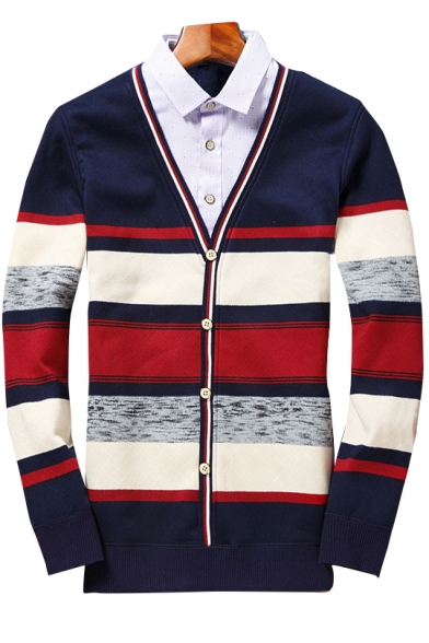 Winter Collection Color Block Striped Pattern V-Neck Long Sleeves Button Down Cardigan
