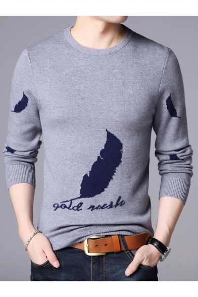 Winter Collection Round Neck Long Sleeves Leaf Feather Letter Pattern Pullover Sweater